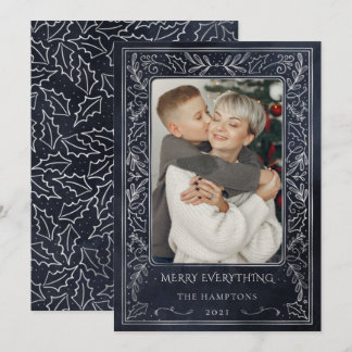 Navy Silver Gräs Holly Berry Photo Helgdag Card Julkort