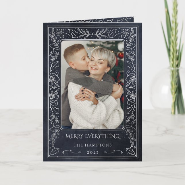 Navy Silver Gräs Holly Berry Photo Helgkort (Framsida)