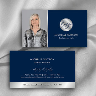 Navy & Silver Logotyp Modern Real Gods Notary Phot Visitkort
