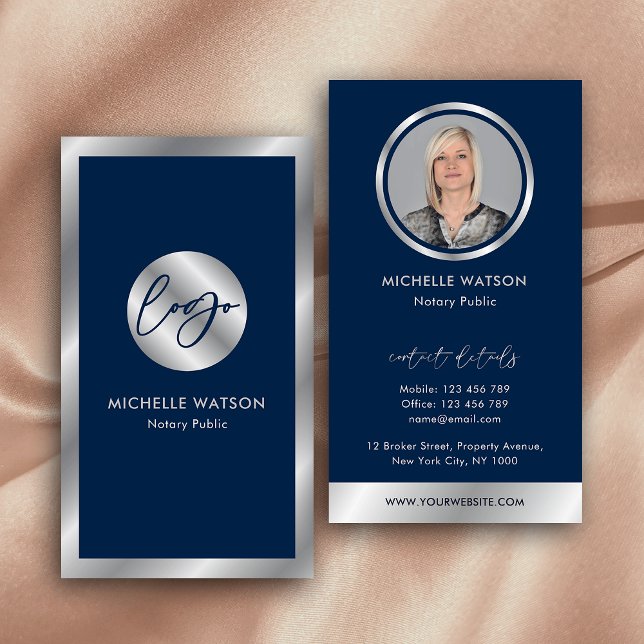 Navy & Silver Logotyp Notary Public Sales Agent Ph Visitkort (Modern navy and silver photo business cards with metallic chrome effects and dark blue background)