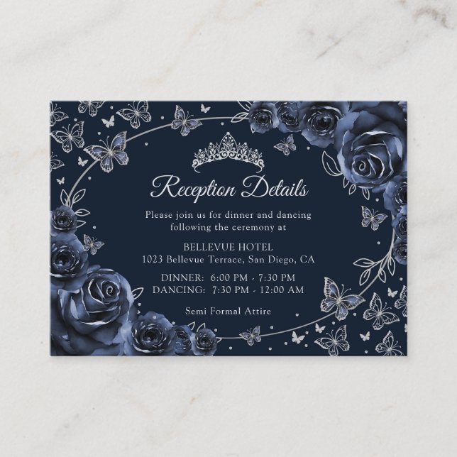 Navy Silver Quinceañera Mottagningsdetaljer Tilläggskort (Framsida)