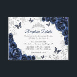 Navy Silver Quinceanera Reception Details Tilläggskort<br><div class="desc">Navy silver Quinceanera reception details enclosure cards. Features,  script font,  silver butterflies,  watercolor roses and tiara. Perfect for an elegant princess style glam celebration. Personalize with your own details.</div>
