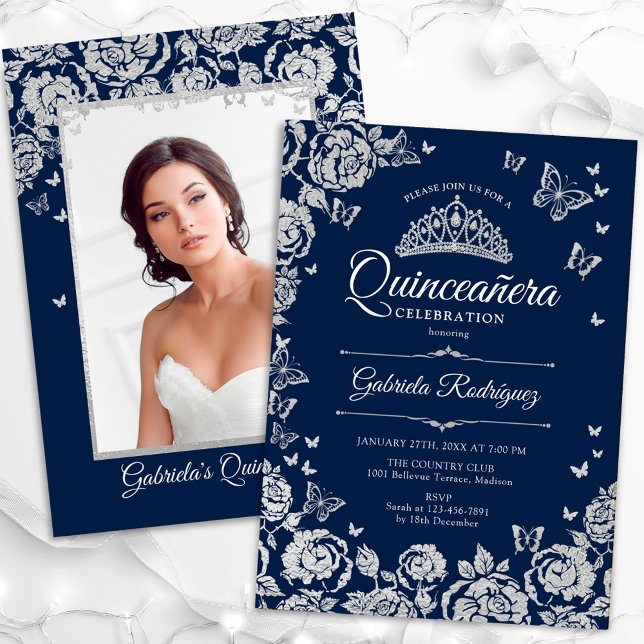 Navy Silver Ro Butterflies Quinceanera Photo Inbjudningar (Skapare uppladdad)