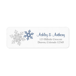Navy Silver Snowflake Winter Wedding Adress Returadress Etikett