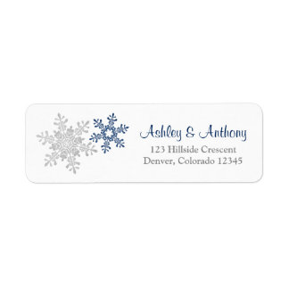Navy Silver Snowflake Winter Wedding Adress Returadress Etikett