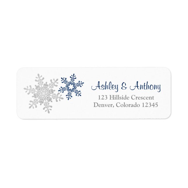 Navy Silver Snowflake Winter Wedding Adress Returadress Etikett (Framsidan)