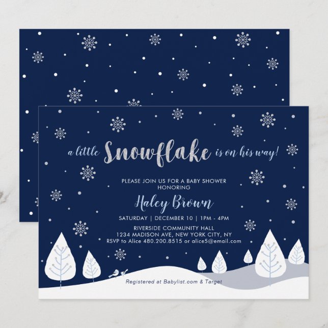 Navy & Silver Vinterundret Pojk Babyshower Inbjudningar (Fram/baksida)