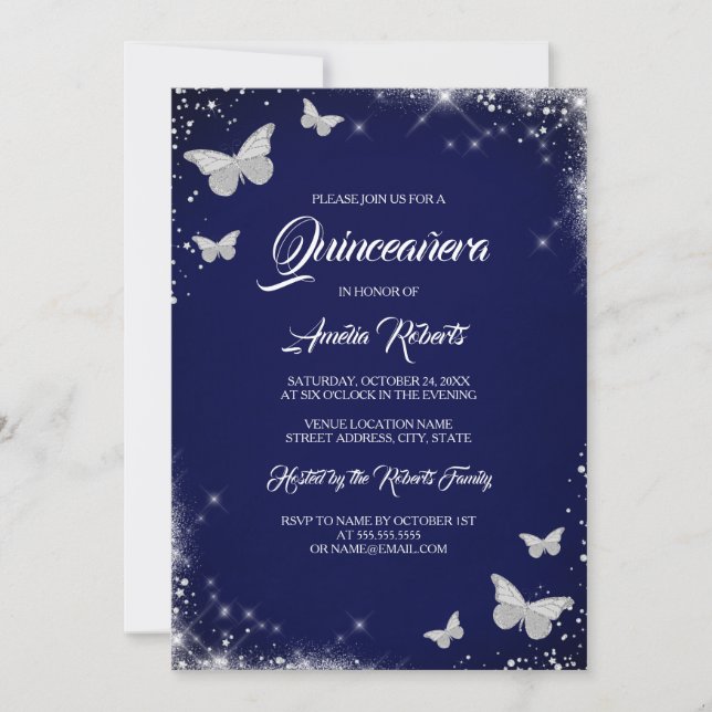 Navy Silver Watercolor Butterfly Dress Quinceanera Inbjudningar (Framsida)