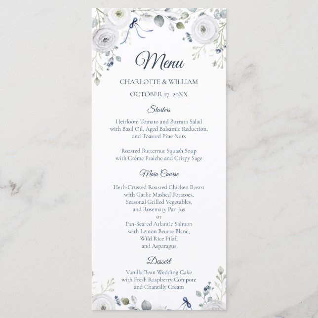 Navy Silver Watercolor Floral Wedding Menu Meny (Framsida)
