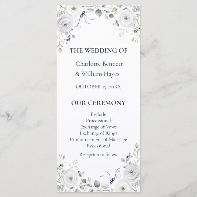 Navy Silver Watercolor Floral Wedding Program (Framsida)