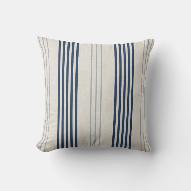 Navy Slate Ticking Stripe Linen Texture Kudde (Framsida)