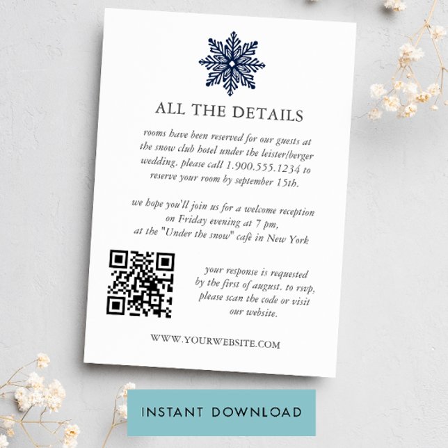 Navy Snöflinga Vinter BRöllops QR-detaljmall Inbjudningar (Skapare uppladdad)