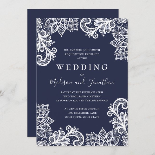 Navy Snöre Applique Elegant bröllop Inbjudningar (Fram/baksida)