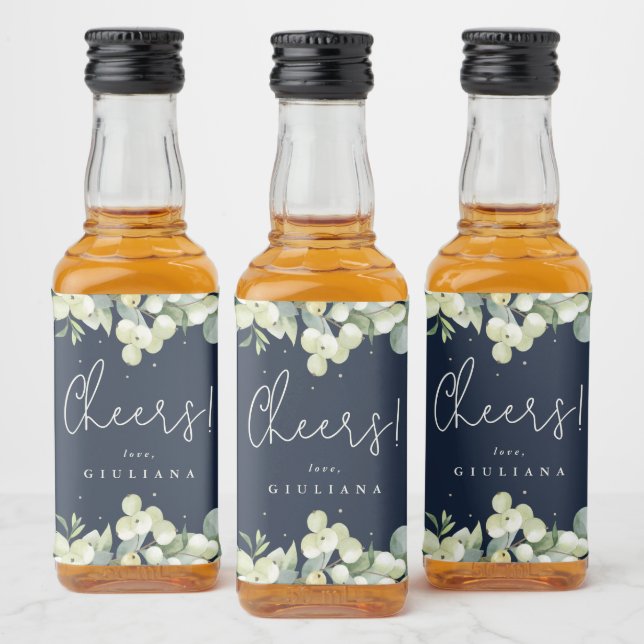 Navy Snowberry+Eucalyptus Bachelorette Party Mini Spritflaskor Etikett (Flaskor)