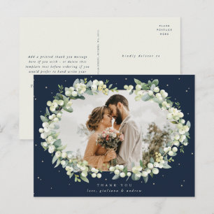 Navy Snowberry+Eucalyptus Bröllop Tack Photo Vykort