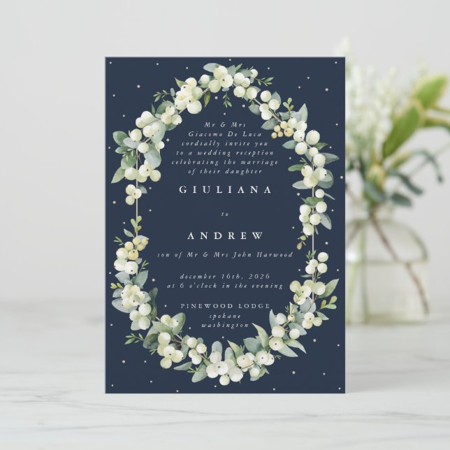 Navy Snowberry+Eucalyptus Bröllopsmottagning Endas Inbjudningar (Stående Fram)