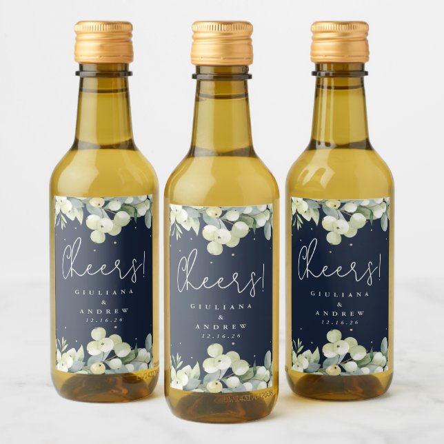 Navy Snowberry+Eucalyptus Winter Wedding Mini Vinetikett (Flaskor)