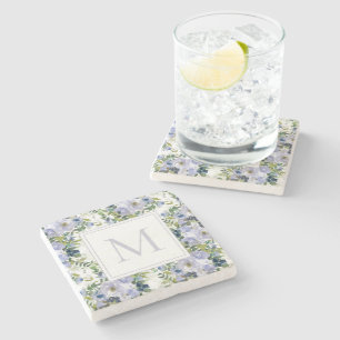 Navy Städat Blått Akvarell Blommor Vit Monogram Stenunderlägg