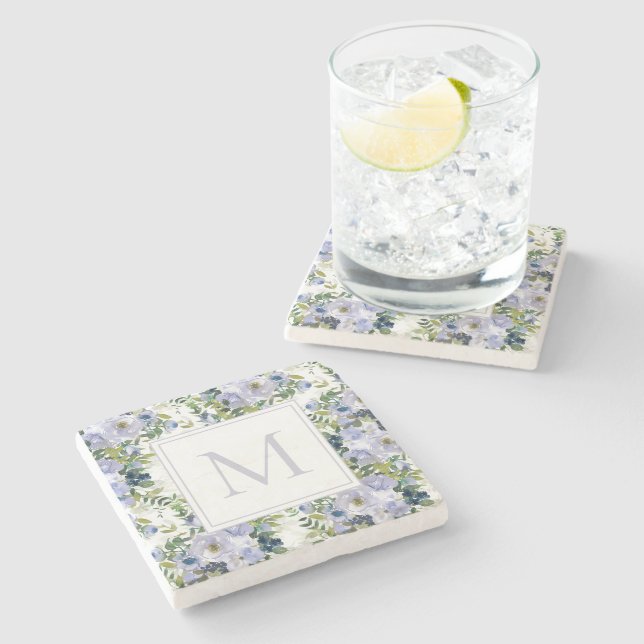 Navy Städat Blått Akvarell Blommor Vit Monogram Stenunderlägg (Sidan)