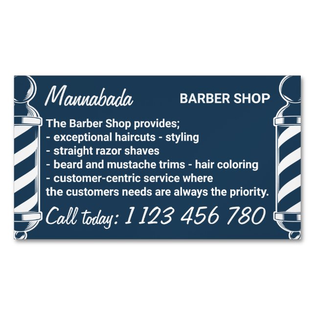 Navy stolpe barbering på väg frisör magnetiska visitkort (Framsida)