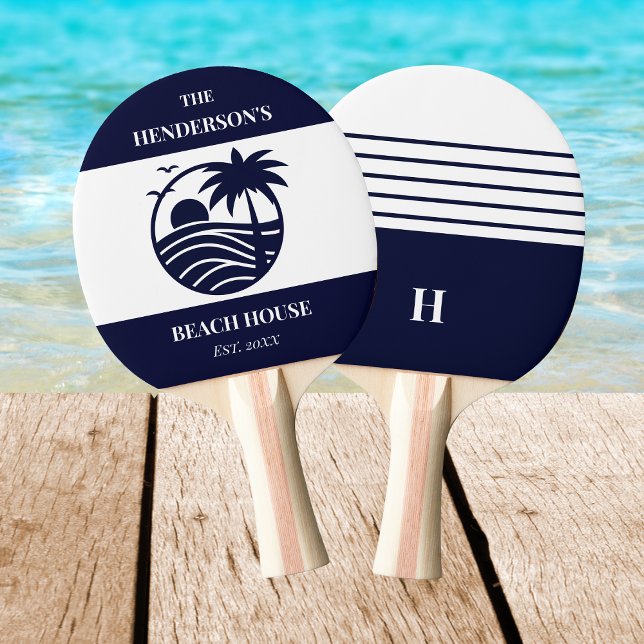 Navy Stripes Palm Tree Monogram Family Coastal Pingisracket (Skapare uppladdad)