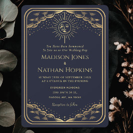 Navy Sun Moon Tarotkort Vintage Bröllopsinbjudan Inbjudningar