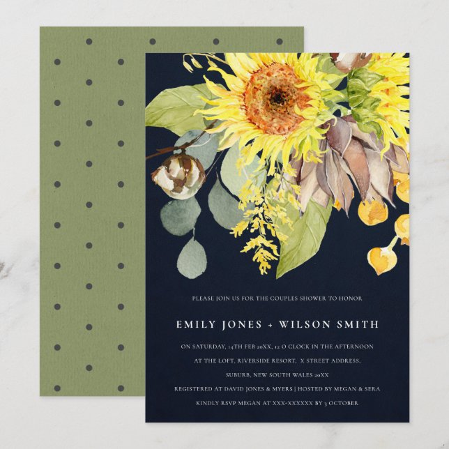 NAVY SUNFLOWER EUCALYPTUS BLOMMIGT PAR SHOWER INBJUDNINGAR (Fram/baksida)