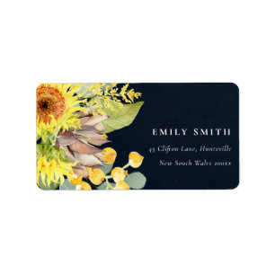 NAVY SUNFLOWER EUCALYPTUS GRÄS BLOMMIGT ADRESS ADRESSETIKETT