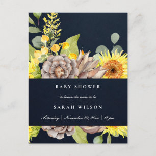 NAVY SUNFLOWER EUCALYPTUS GRÄS BLOMMIGT BABY SHOWE INBJUDAN VYKORT