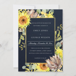 NAVY SUNFLOWER EUCALYPTUS GRÄS BLOMMIGT BRÖLLOP INBJUDNINGAR