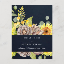 NAVY SUNFLOWER EUCALYPTUS GRÄS CONE BLOMMIGT BRÖLL INBJUDAN VYKORT