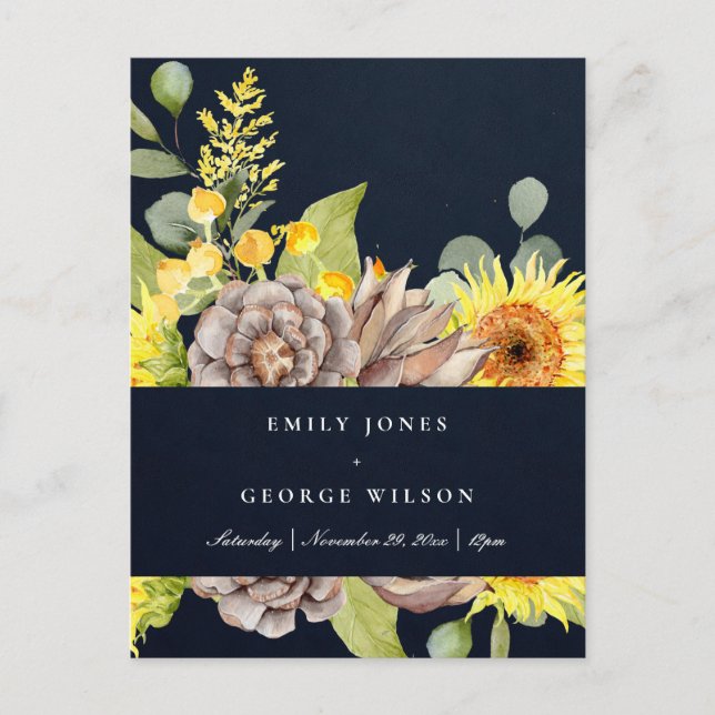 NAVY SUNFLOWER EUCALYPTUS GRÄS CONE BLOMMIGT BRÖLL INBJUDAN VYKORT (Framsida)