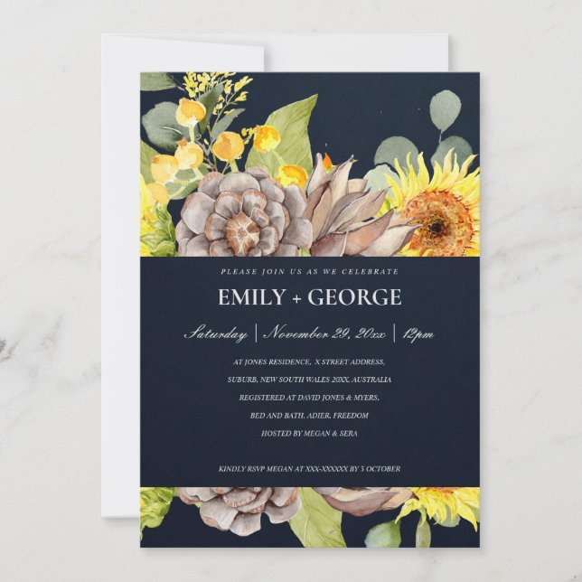 NAVY SUNFLOWER EUCALYPTUS GRÄS FLORA COUPLE INBJUD TACK KORT (Framsida)