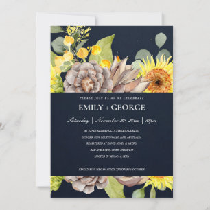 NAVY SUNFLOWER EUCALYPTUS GRÄS FLORA COUPLE INBJUD TACK KORT