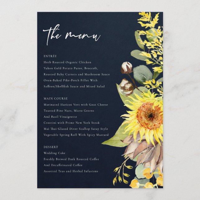 NAVY SUNFLOWER EUCALYPTUS WATERCOLOR BLOMMIGT MENU MENY (Framsida)