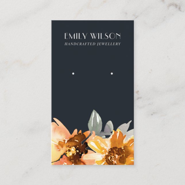 NAVY SUNFLOWER FALL AUTUMN STUD EARRING VISNING VISITKORT (Framsida)