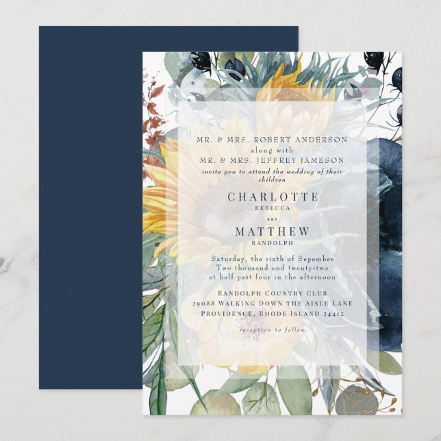 Navy & Sunflower Höst Blommig Bröllop  Inbjudningar (Fram/baksida)