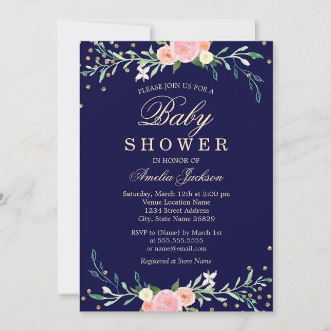 Navy Sweet Blommig Glitter Konfetti Bebis Shower Inbjudningar (Framsida)