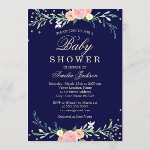 Navy Sweet Blommig Glitter Konfetti Bebis Shower Inbjudningar
