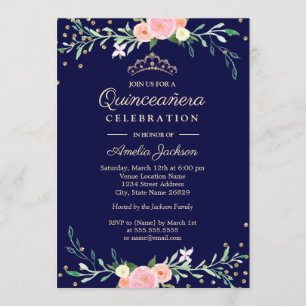Navy Sweet Floral Sparkle Konfetti Quinceanera Inbjudningar