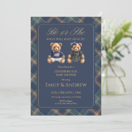 Navy Tartan He or She Gender Reveal Baby Shower Inbjudningar