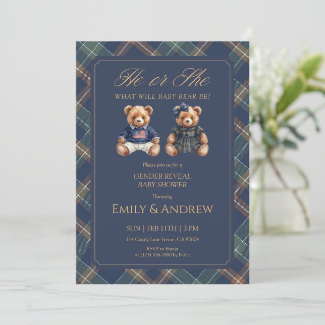 Navy Tartan He or She Gender Reveal Baby Shower Inbjudningar (Stående Fram)