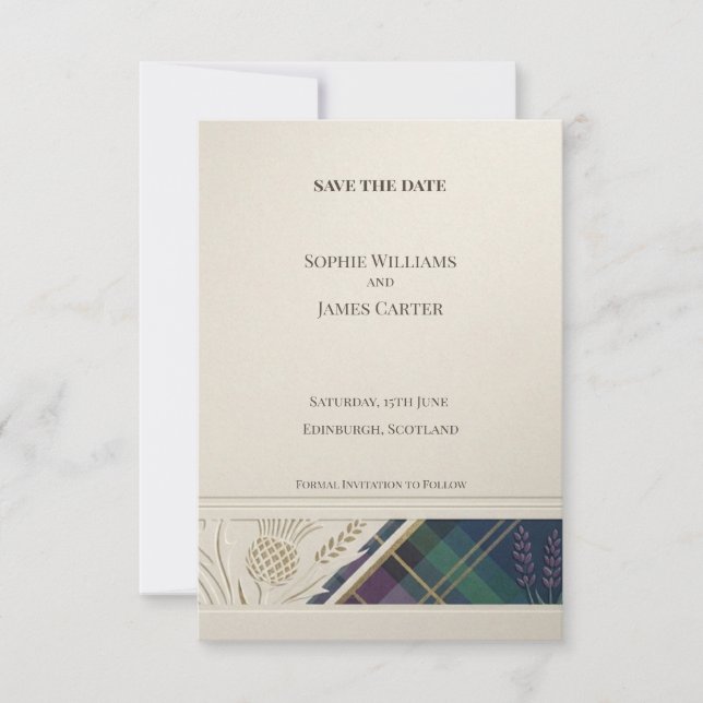 Navy Tartan Thistle Spara Datum Kort (Framsida)