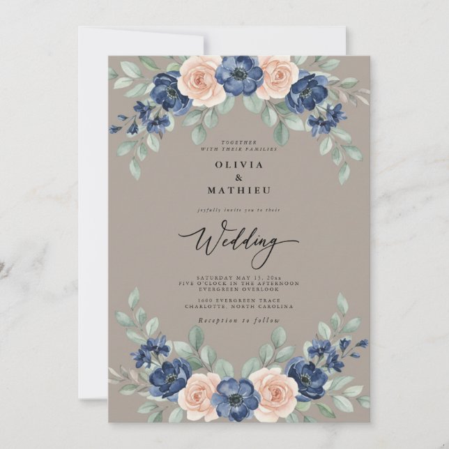 Navy Taupe Botanisk Rustik Bröllop Inbjudningar (Framsida)