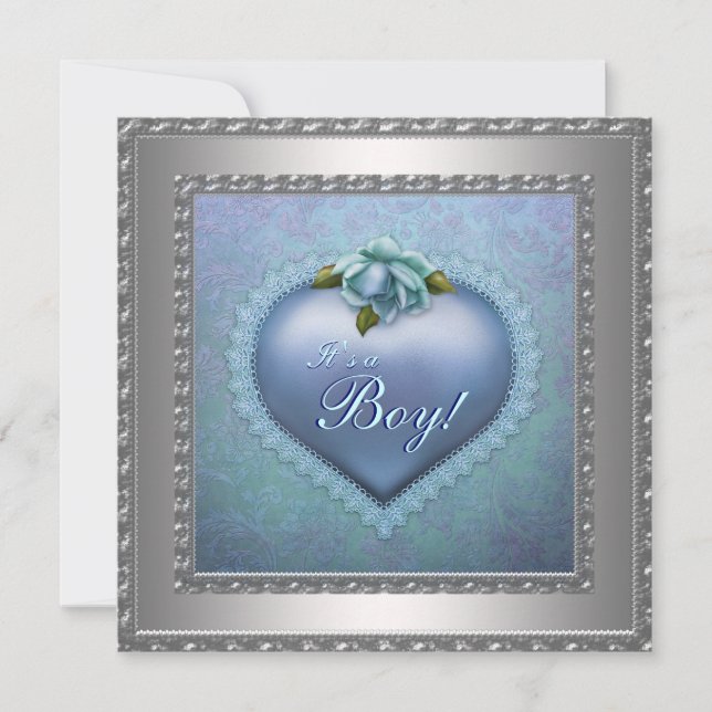 Navy Teal Blå Damask Baby Pojke Bebisbad Inbjudningar (Framsida)