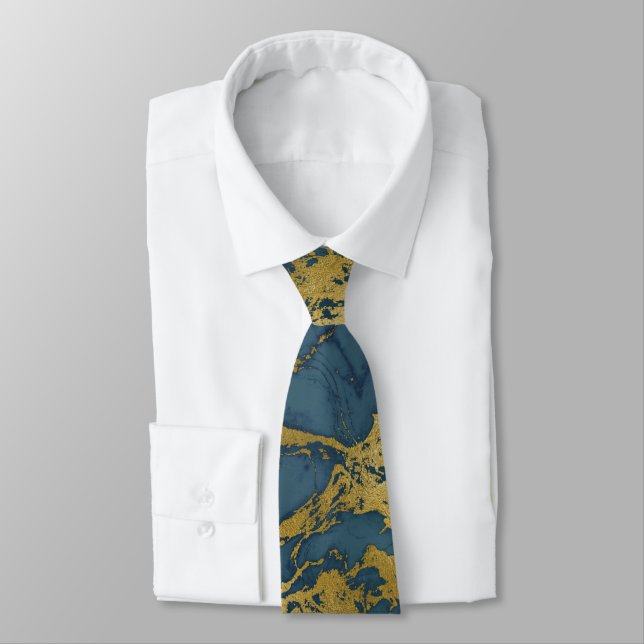 NAVY TEAL GULD MARBLE ABSTRAKT MÖNSTER TIE SLIPS (Bunden)