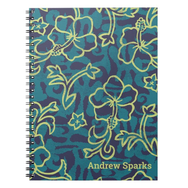 Navy Teal Hawaiian Shirt Lime Hibiscus Flowers Anteckningsbok (Framsidan)
