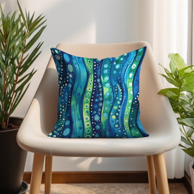 Navy Teal Lime Boho Vågig Randig Kudde (Navy Teal Lime Bohemian Wavy Striped Throw Pillow)