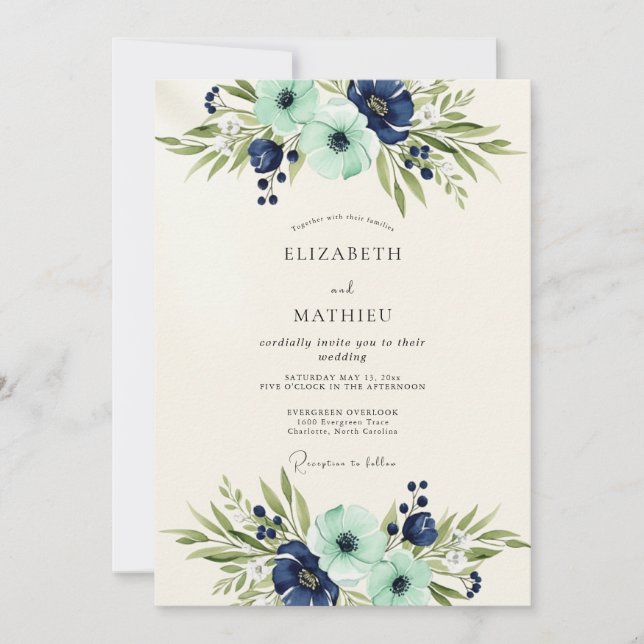 Navy Teal Opulent Botanical Wedding Inbjudningar (Framsida)