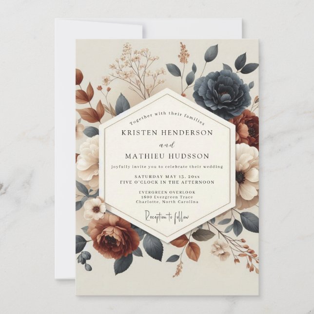 Navy Terracotta Autumnal Bloom Wedding Inbjudningar (Framsida)